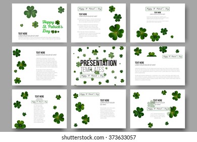 Set of 9 vector templates for presentation slides. Green clovers on white, decoration for St Patrick's day