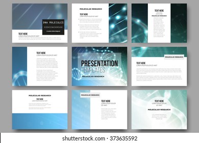 Set of 9 vector templates for presentation slides. DNA molecule structure on a blue background. Science vector background.