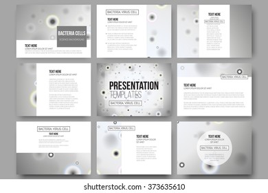 Set of 9 vector templates for presentation slides. Molecular research, illustration of cells in gray, science vector background.