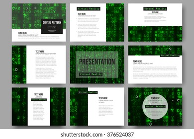 Set of 9 vector templates for presentation slides. Virtual reality, abstract technology background with green symbols, vector illustration.