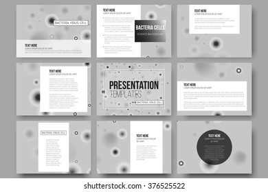 Set of 9 vector templates for presentation slides. Molecular research, illustration of cells in gray, science vector background.
