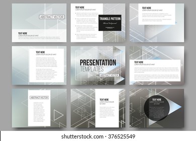 Set of 9 vector templates for presentation slides. Abstract blurred vector background with triangles, lines and dots.