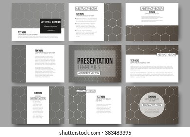 Set of 9 vector templates for presentation slides. Chemistry pattern, hexagonal design vector illustration