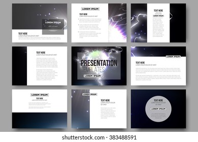 Set of 9 vector templates for presentation slides. Electric lighting effect. Magic vector background with lightning. 