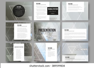 Set of 9 vector templates for presentation slides. Abstract blurred vector background with triangles, lines and dots.