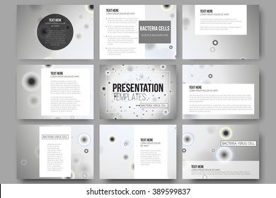 Set of 9 vector templates for presentation slides. Molecular research, illustration of cells in gray, science vector background.