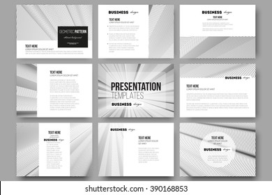 Set of 9 vector templates for presentation slides. Abstract lines background, simple abstract monochrome texture.