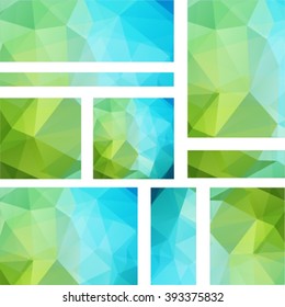 Set of 9 vector templates for presentation slides. Abstract polygonal triangle design vector background. Green, blue colors. 