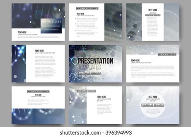 Set of 9 vector templates for presentation slides. DNA molecule structure on a blue background. 