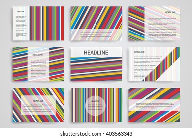 Set of 9 vector templates for presentation slides. Abstract multicolored background of blurred nature landscapes, geometric vector, triangular style illustration.