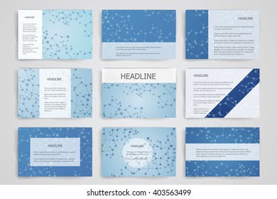 Set of 9 vector templates for presentation slides. Abstract multicolored background of blurred nature landscapes, geometric vector, triangular style illustration.