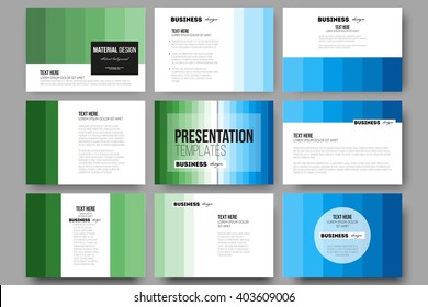 Set of 9 vector templates for presentation slides. Abstract colorful business background, blue and green colors, modern stylish striped vector texture for your cover design.