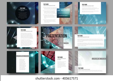 Set of 9 vector templates for presentation slides. DNA molecule structure on a green background. Science vector background.