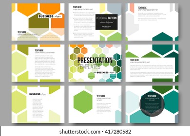 Set of 9 vector templates for presentation slides. Abstract colorful business background, modern stylish hexagonal vector texture.