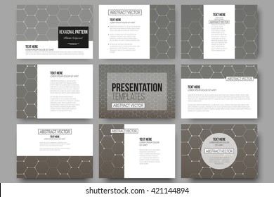 Set of 9 vector templates for presentation slides. Chemistry pattern, hexagonal design vector illustration