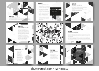 Set of 9 vector templates for presentation slides. Triangular vector pattern. Abstract black triangles on white background.