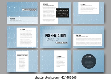 Set of 9 vector templates for presentation slides. Chemistry pattern, hexagonal design vector illustration