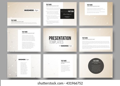 Set of 9 vector templates for presentation slides. Abstract polygonal low poly backdrop with connecting dots and lines, connection structure. Vector or digital science background