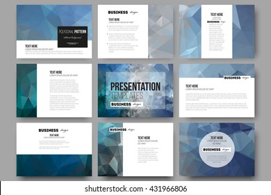 Set of 9 vector templates for presentation slides. Abstract blue polygonal background, colorful backdrop, modern stylish vector texture.