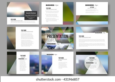 Set of 9 vector templates for presentation slides. Abstract multicolored background of blurred nature landscapes, geometric vector, triangular style illustration.