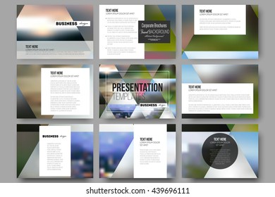 Set of 9 vector templates for presentation slides. Abstract multicolored background of blurred nature landscapes, geometric vector, triangular style illustration.