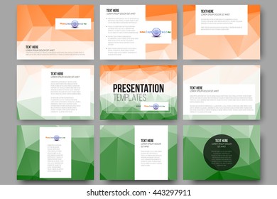 Set of 9 vector templates for presentation slides. Happy Indian Independence Day background with Ashoka wheel and national flag colors, vector illustration.