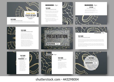 Set of 9 vector templates for presentation slides. Polygonal backdrop with golden connecting dots and lines, connection structure. Digital scientific background.