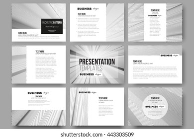 Set of 9 vector templates for presentation slides. Abstract lines background, simple abstract monochrome texture.