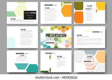 Set of 9 vector templates for presentation slides. Abstract colorful business background, modern stylish hexagonal vector texture.