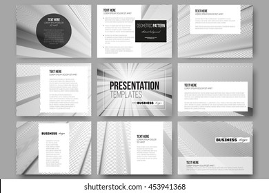 Set of 9 vector templates for presentation slides. Abstract lines background, simple abstract monochrome texture.