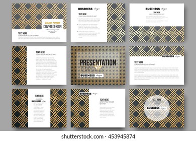 Set of 9 vector templates for presentation slides. Islamic gold pattern with overlapping geometric square shapes forming abstract ornament. Vector stylish golden texture on black background.