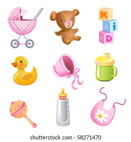 Set of 9 vector toys and accessories for baby girl.