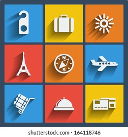 Set Of 9 Vector Travel Web And Mobile Icons In Flat Design. Symbols Of  Bag, Sun, Do Not Disturb Door Hanger, Eiffel Tower, Compass, Airplane, Luggage, Reception Bell, Credit Card