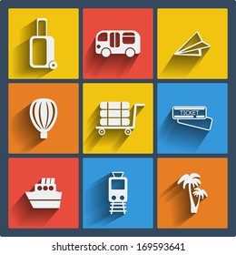 Set of 9 vector travel web and mobile icons in flat design.