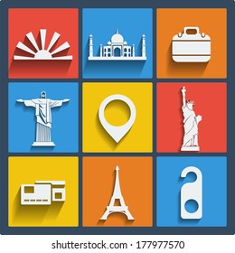 Set of 9 vector travel web and mobile icons in flat design. Brazil, India, New York, Paris.