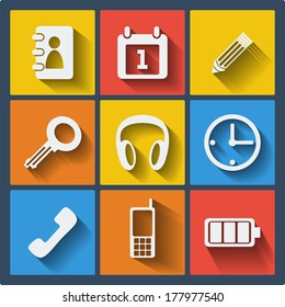 Set of 9 vector universal web and mobile icons in flat design. Symbols of notepad, calendar, pencil, key, headphones, clock, phone, battery