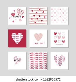 Set of 9 vector Valentines's greeting card with hearts, simple flat style. Perfect for gift tags, greeting cards, etc.