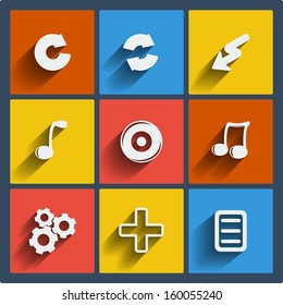 Set of 9 vector web and mobile icons in flat design. Symbols of round arrow, bolt, note, record vinyl disc, gears, medical cross, document