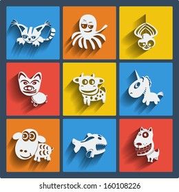 Set of 9 vector web and mobile animals icons in flat design. Symbols of cat, dog, octopus, spider, pig, cow, unicorn, sheep, fish