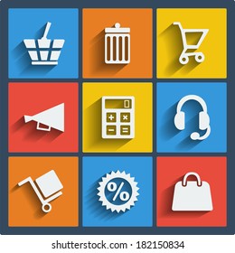 Set of 9 vector web and mobile icons in flat design. Symbols of basket, cart, bin, speaker, calculator, headset, dolly, discount, handbag
