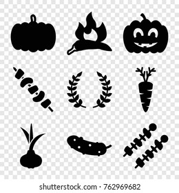 Set of 9 vegetable filled icons such as pumpkin, onion, chili, cucumber, kebab, carrot, pumpkin haloween
