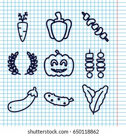 Set of 9 vegetable outline icons such as spinach, cucumber, kebab, aubergine, pepper, pumpkin haloween, olive branch