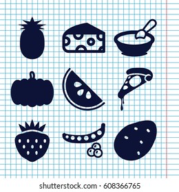 Set of 9 vegetarian filled icons such as pumpkin, potato, peas, cheese, porridge, pizza, strawberry, watermelon