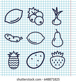 Set of 9 vegetarian outline icons such as currant, potato, onion, pear, lemon, cucumber, strawberry