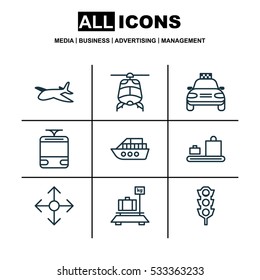 Set Of 9 Vehicle Icons. Can Be Used For Web, Mobile, UI And Infographic Design. Includes Elements Such As Road Pointer, Streetcar, Baggage And More.