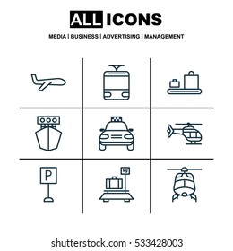 Set Of 9 Vehicle Icons. Can Be Used For Web, Mobile, UI And Infographic Design. Includes Elements Such As Baggage Carousel, Ship, Air Transport And More.