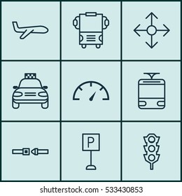 Set Of 9 Vehicle Icons. Can Be Used For Web, Mobile, UI And Infographic Design. Includes Elements Such As Stoplight, Road Pointer, Streetcar And More.