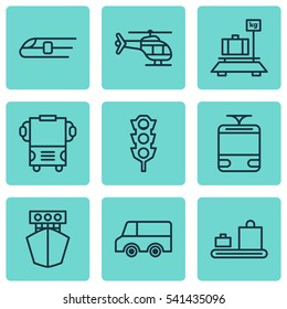 Set Of 9 Vehicle Icons. Includes Lorry, Stoplight, Metro And Other Symbols. Beautiful Design Elements.