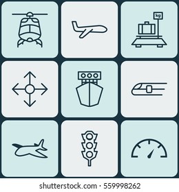 Set Of 9 Vehicle Icons. Includes Chopper, Air Transport, Stoplight And Other Symbols. Beautiful Design Elements.