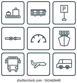 Set Of 9 Vehicle Icons. Includes Roadsign, Air Transport, Baggage Carousel And Other Symbols. Beautiful Design Elements.